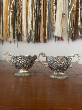 Vintage silver Ornate Floral Double-Handled Silver Sugar Bowl and creamer
